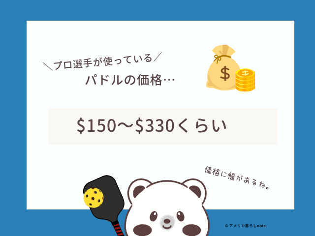 プロの選手が使っているパドルの価格は＄150～$330。